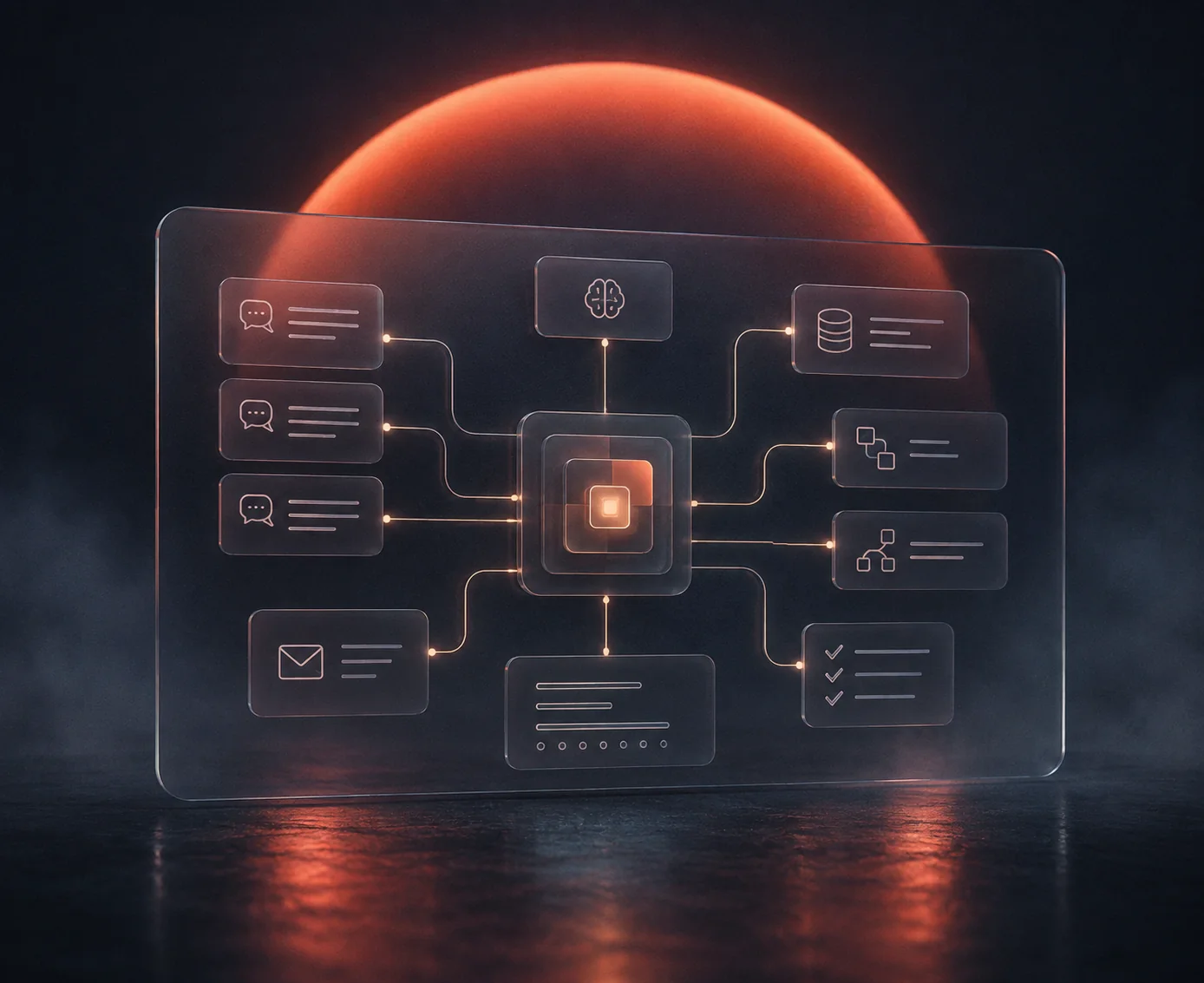 AI integration diagram on glass panels in front of a red sun