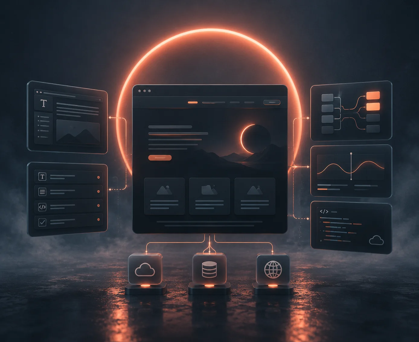 Glass wireframe panels of a web app arranged around a red sun