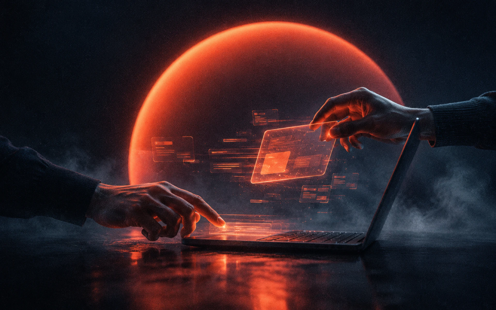 Hands shaping a glowing interface panel in front of a red sun