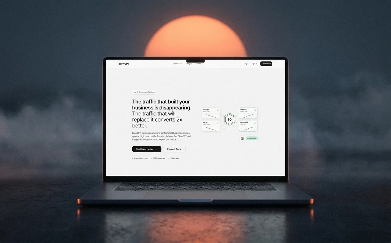 Laptop running HeyHeyo in front of a rising red sun